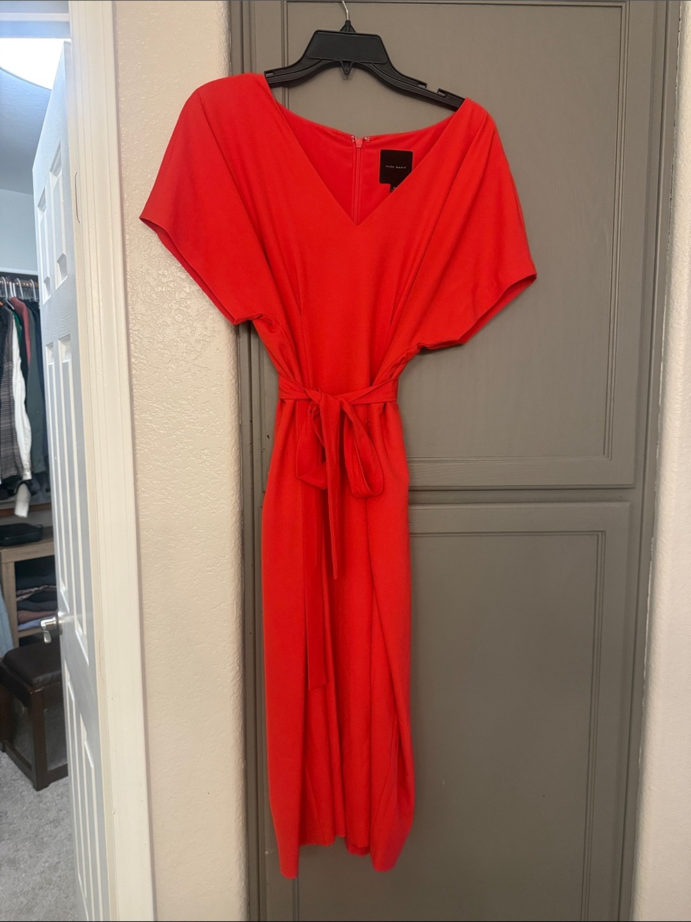 Alex Marie Vibrant Red V-Neck Midi Dress with Self Tie